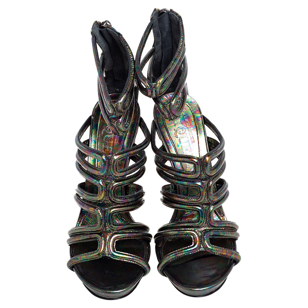 Multicolor Oil Slick Texture Leather Gladiator Sandals 8