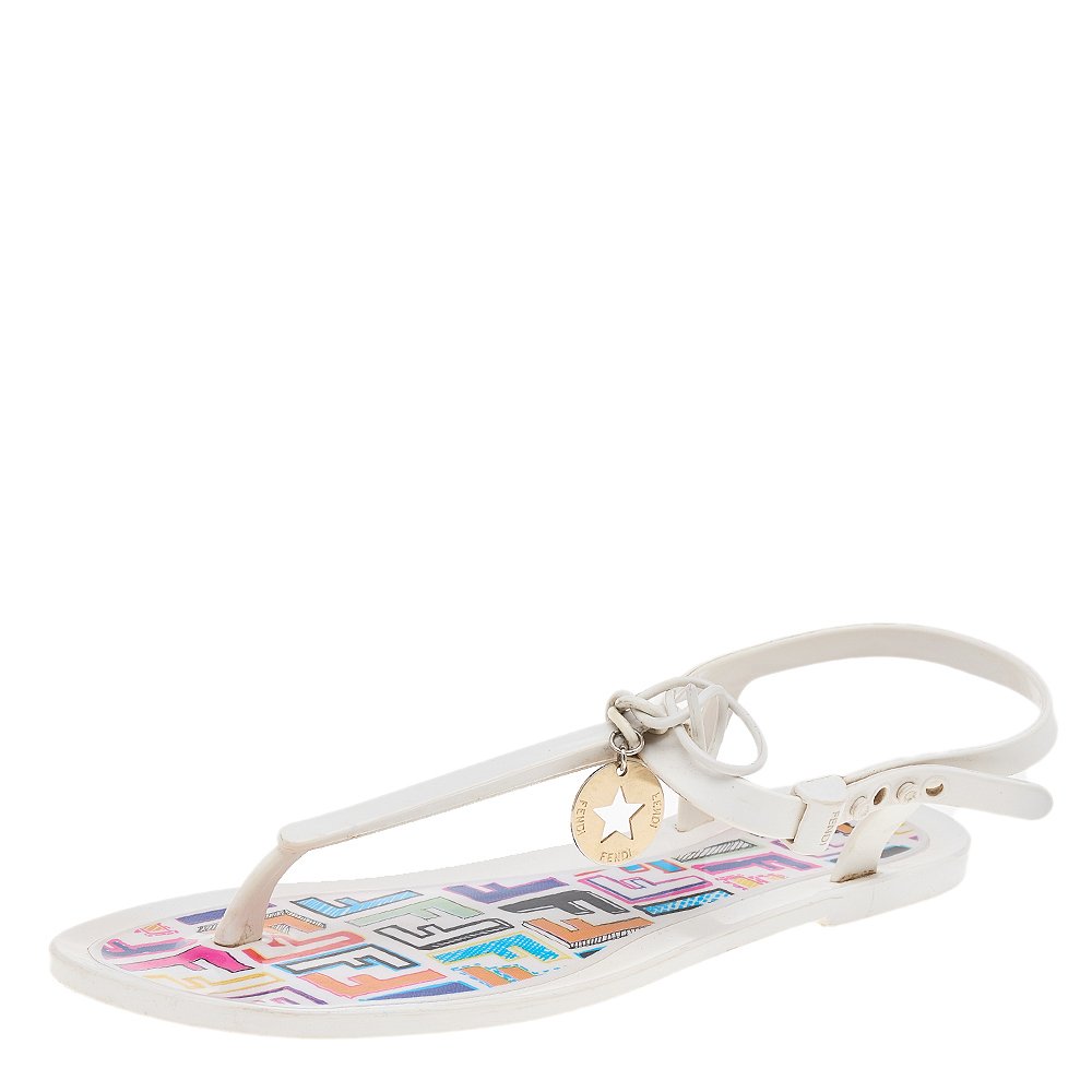 White Jelly Logo Charm Sunny Thong Flat Sandals 4