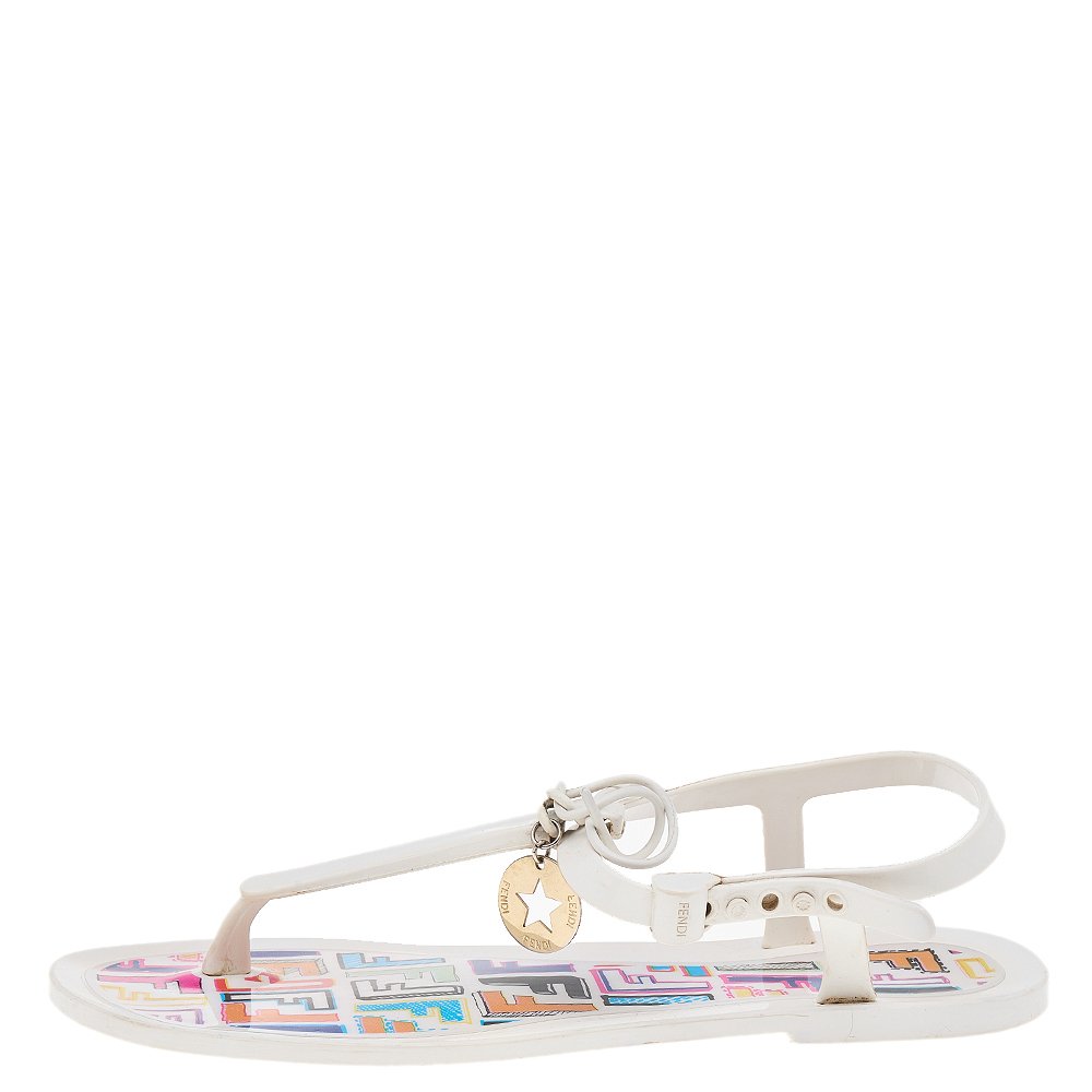 White Jelly Logo Charm Sunny Thong Flat Sandals 5
