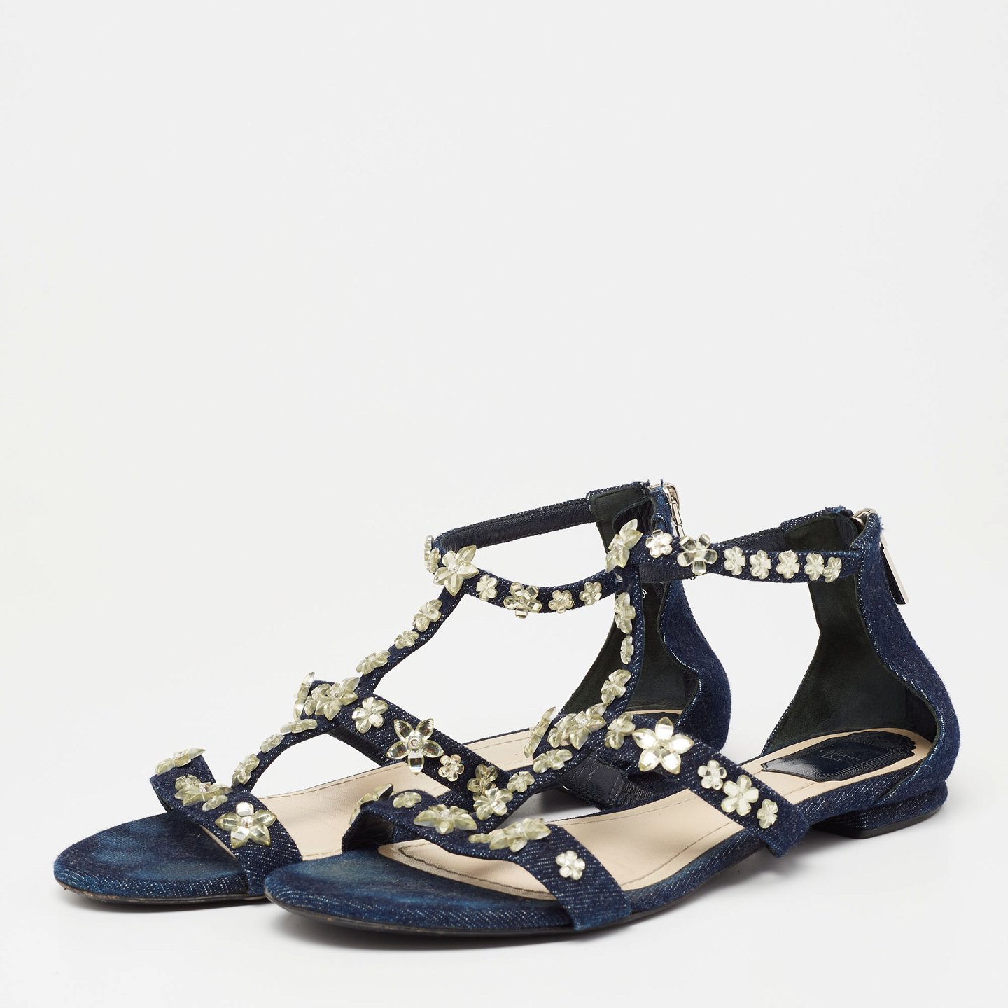 Blue Denim Jewel Embellished Strappy Flat Sandals 2
