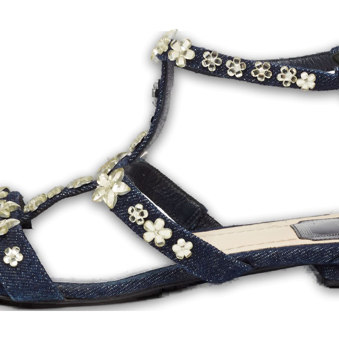 Blue Denim Jewel Embellished Strappy Flat Sandals 0