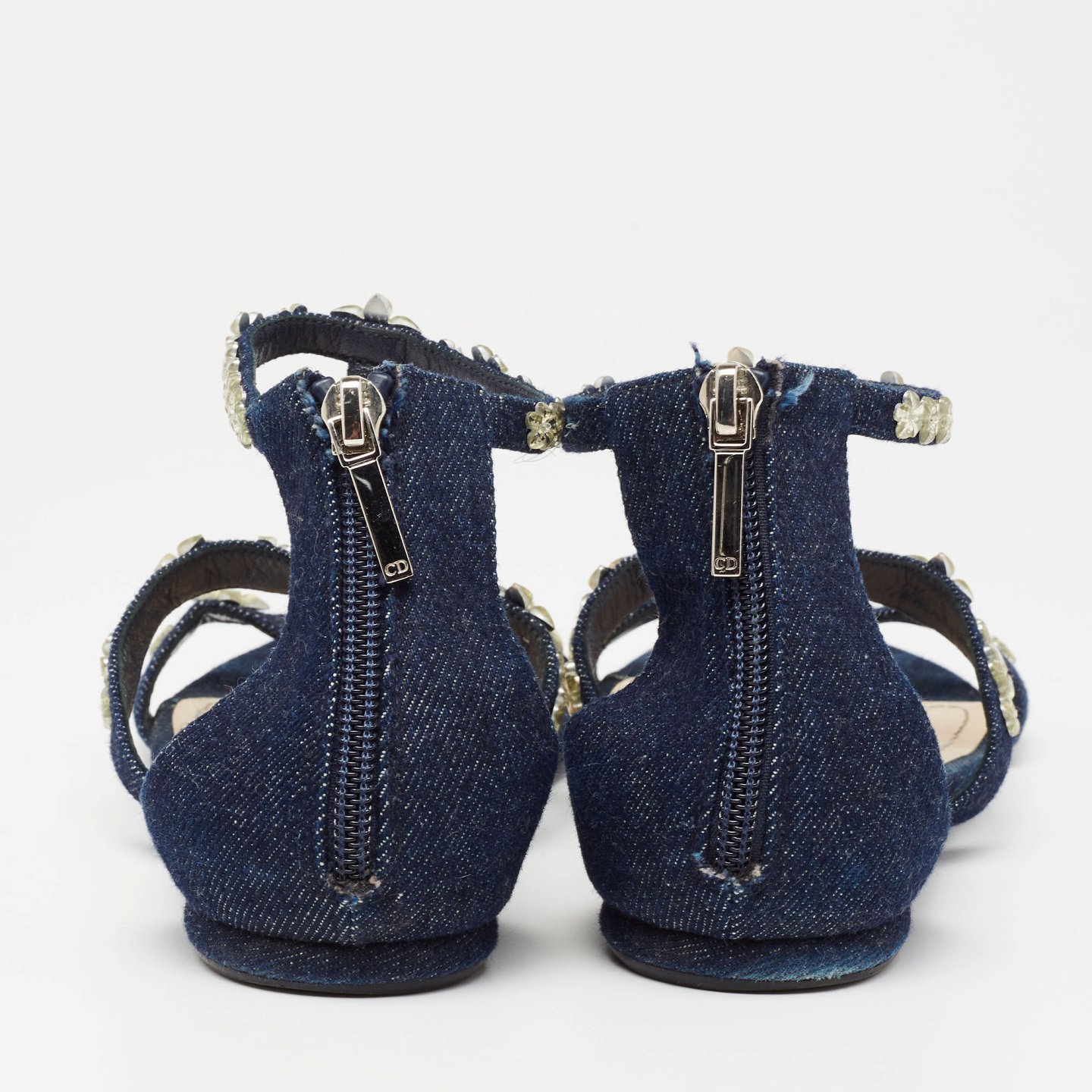 Blue Denim Jewel Embellished Strappy Flat Sandals 6