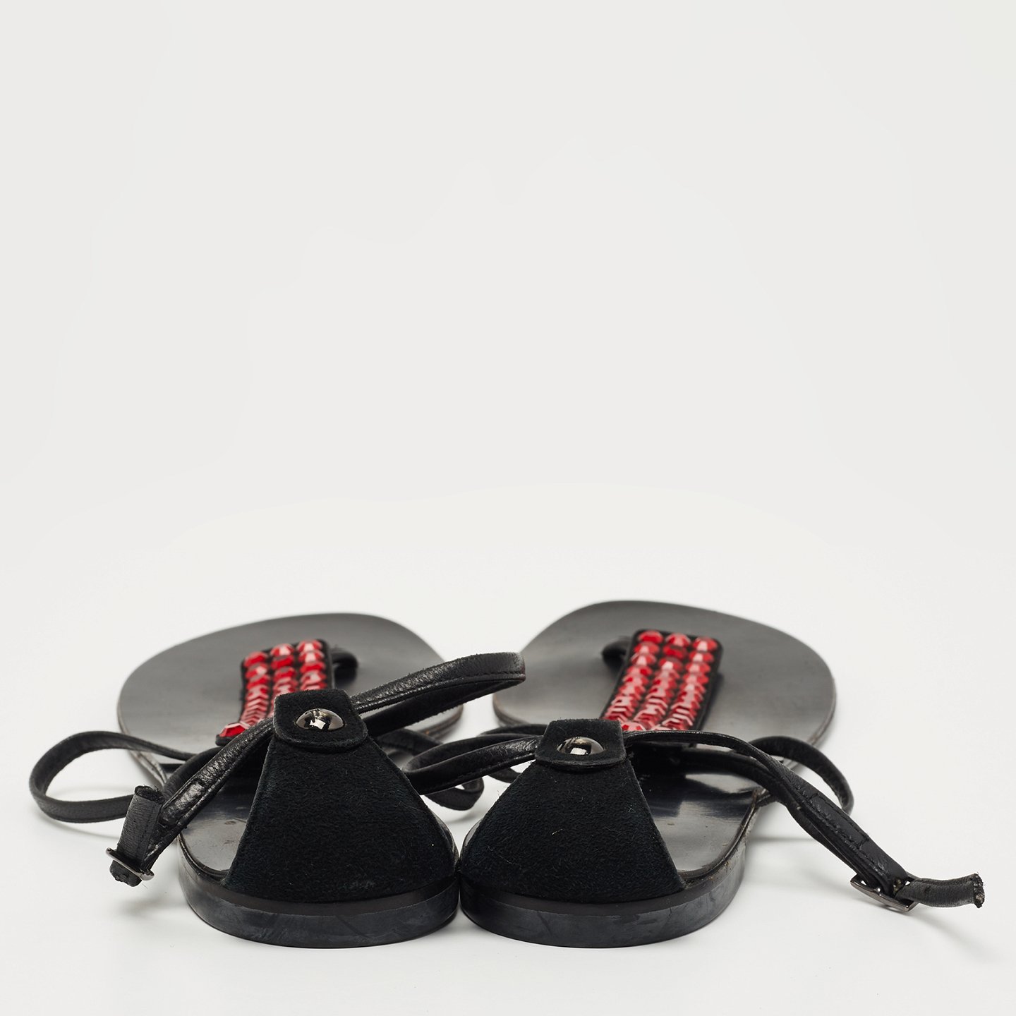 GIU Black Suede and Leather Crystal Embellished T-Strap Flat Sandals Size 40 1