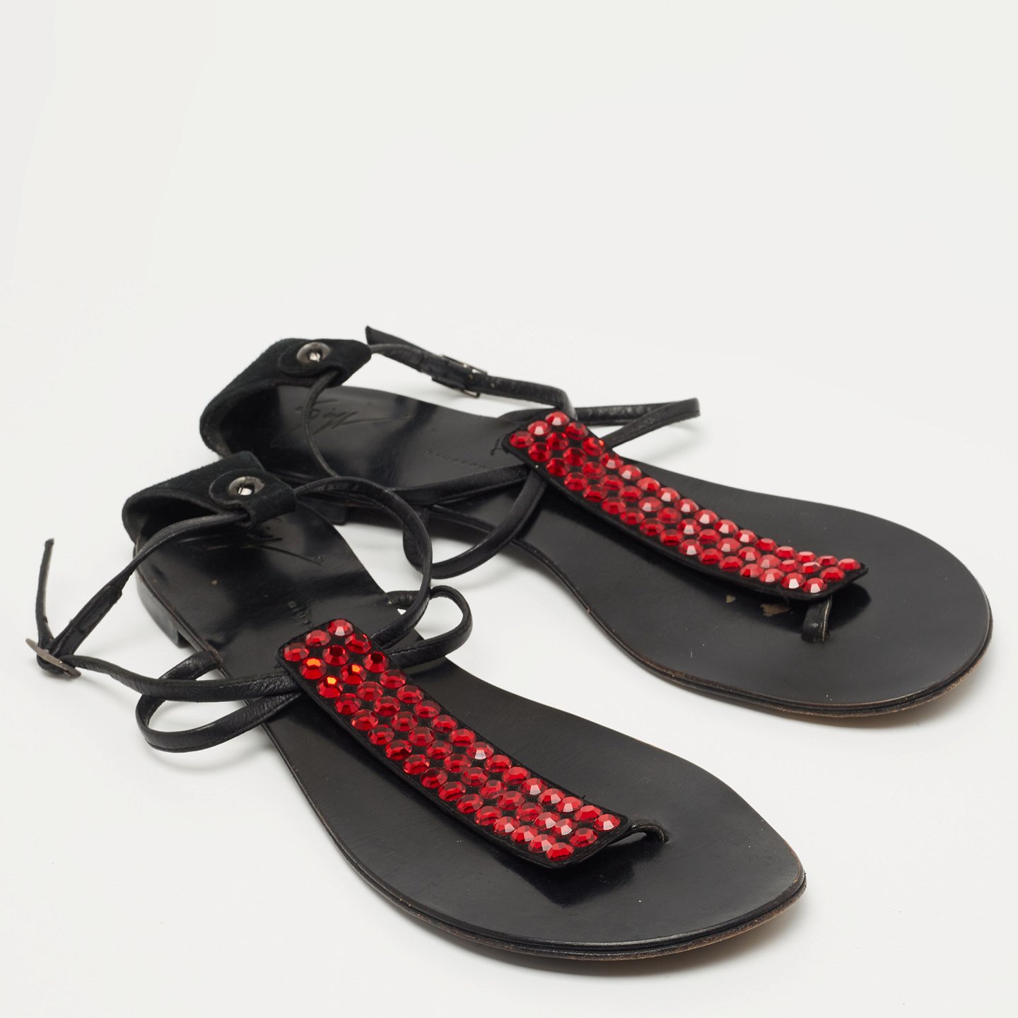 GIU Black Suede and Leather Crystal Embellished T-Strap Flat Sandals Size 40 7