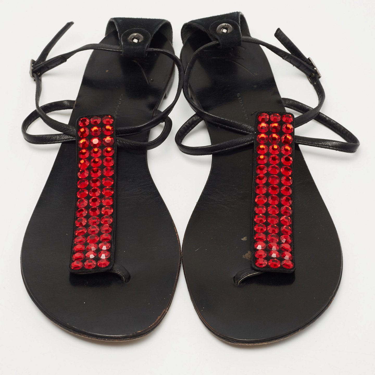 GIU Black Suede and Leather Crystal Embellished T-Strap Flat Sandals Size 40 0