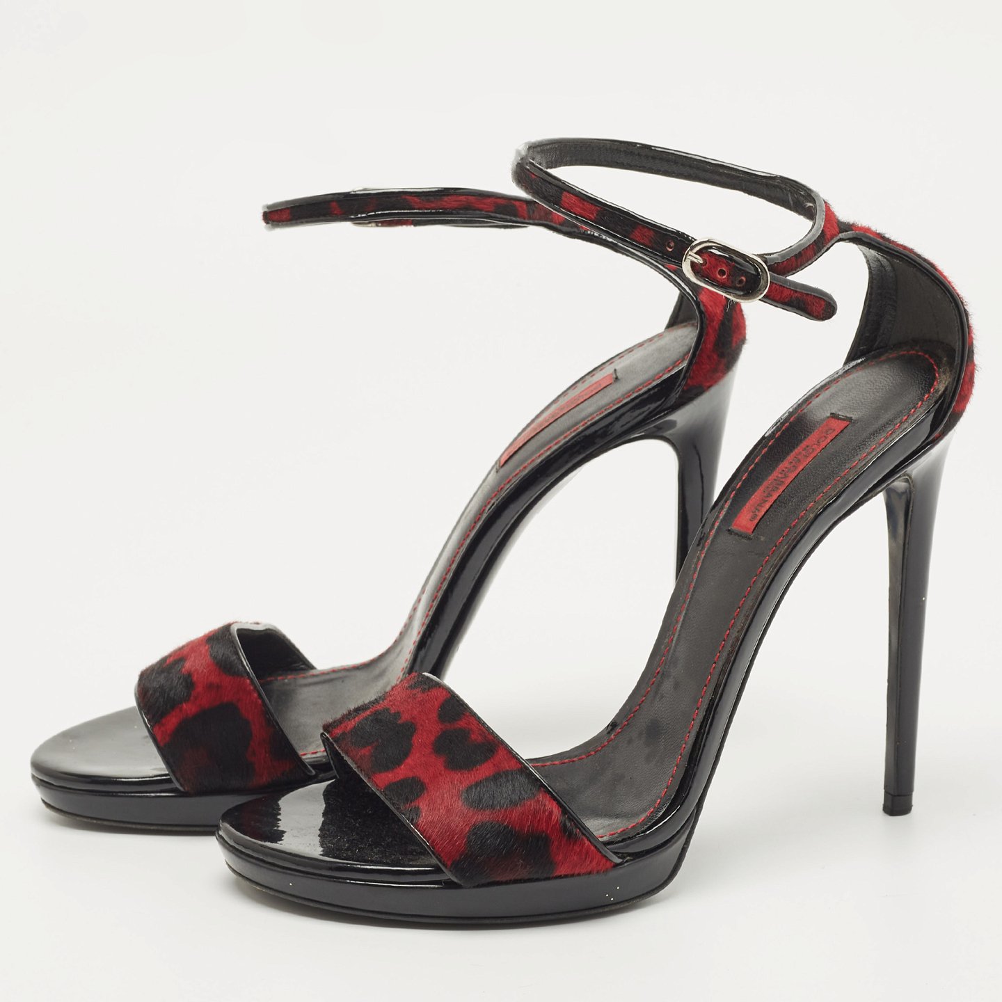 Black/Red Leopard Print Calf Hair Ankle Strap Sandals 4
