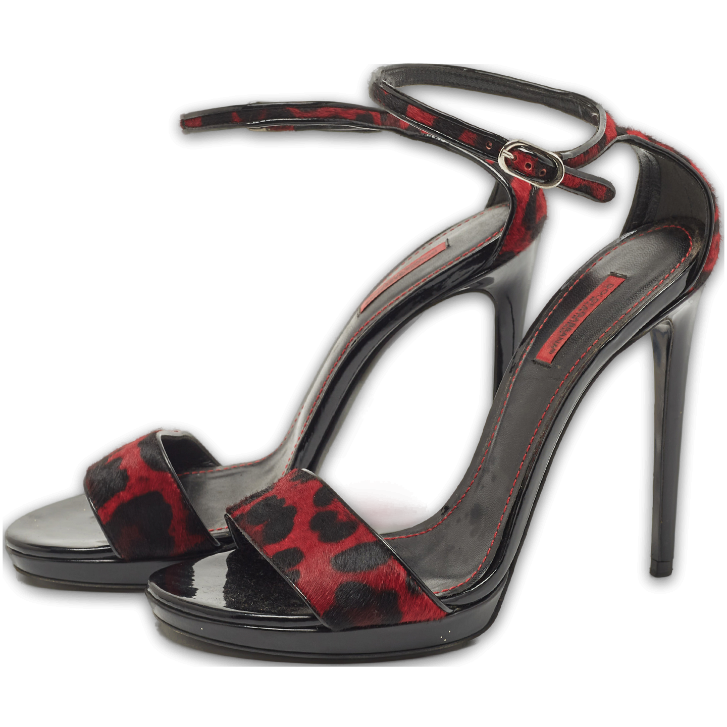 Black/Red Leopard Print Calf Hair Ankle Strap Sandals 0