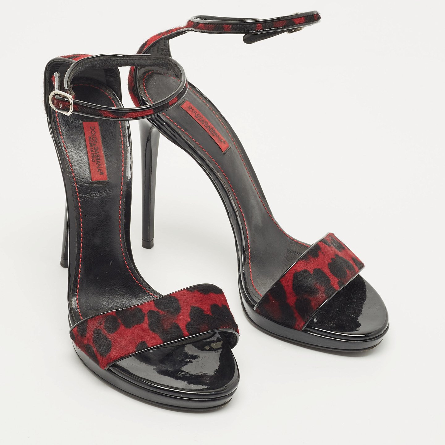 Black/Red Leopard Print Calf Hair Ankle Strap Sandals 5