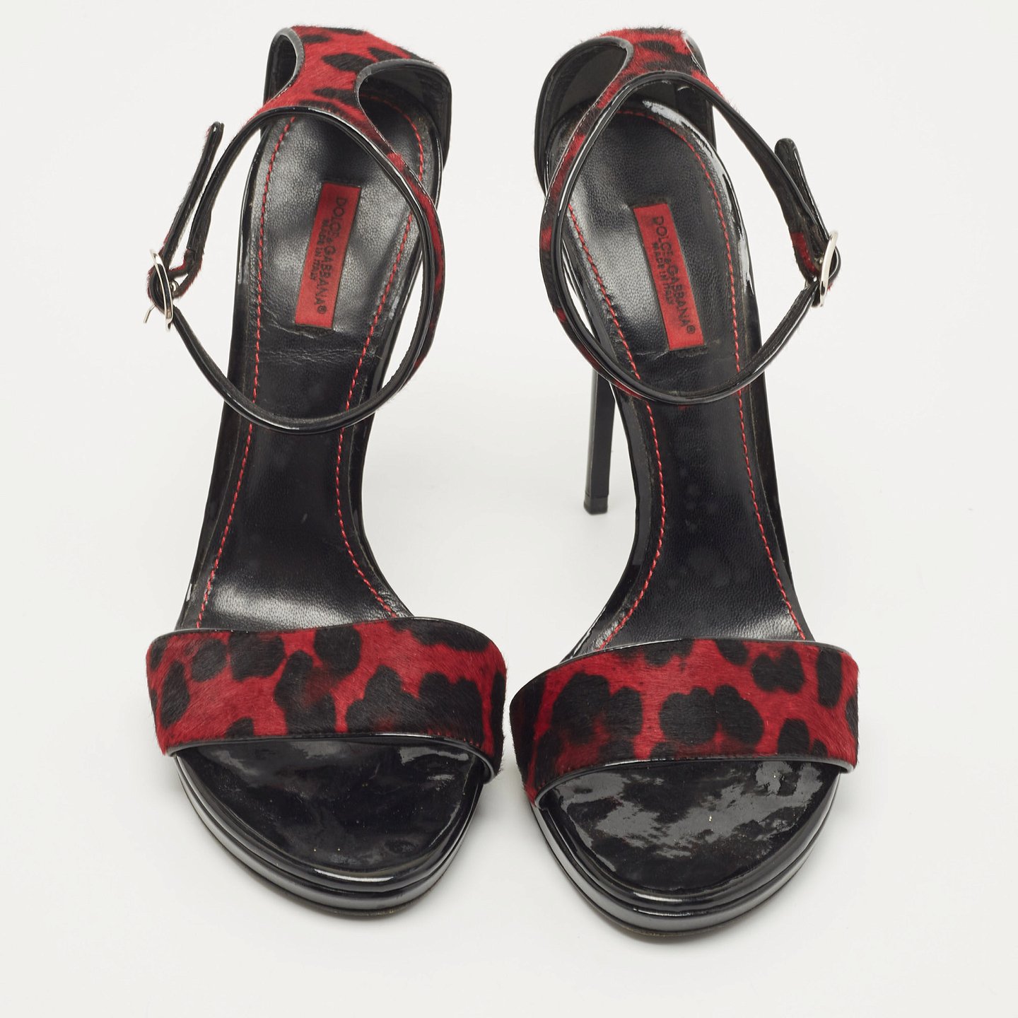 Black/Red Leopard Print Calf Hair Ankle Strap Sandals 7