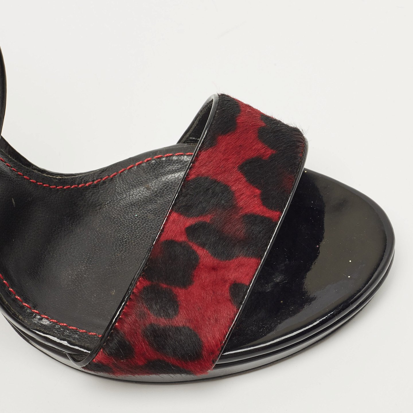 Black/Red Leopard Print Calf Hair Ankle Strap Sandals 1