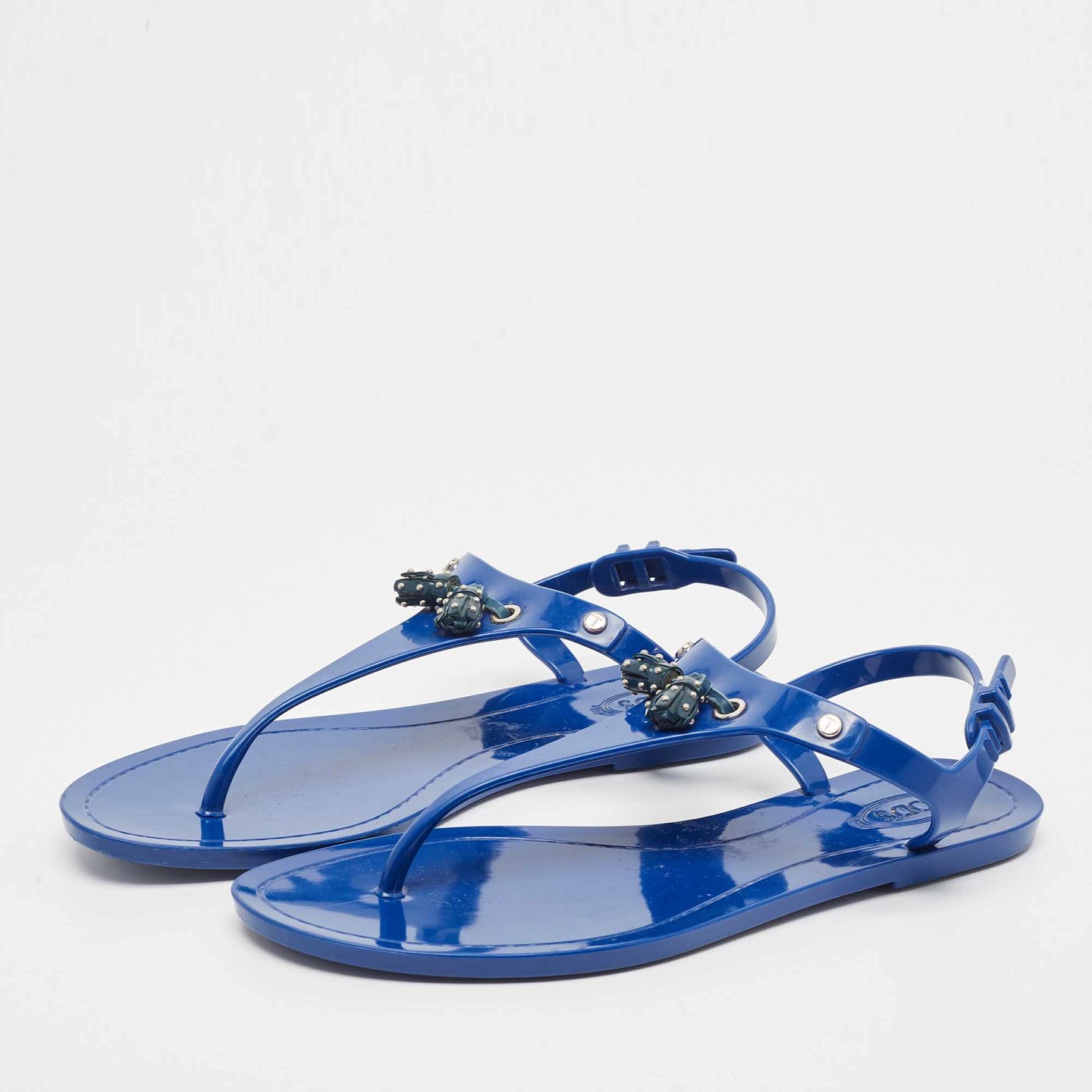 Blue Rubber Studded Tassel Flat Thong Sandals 0