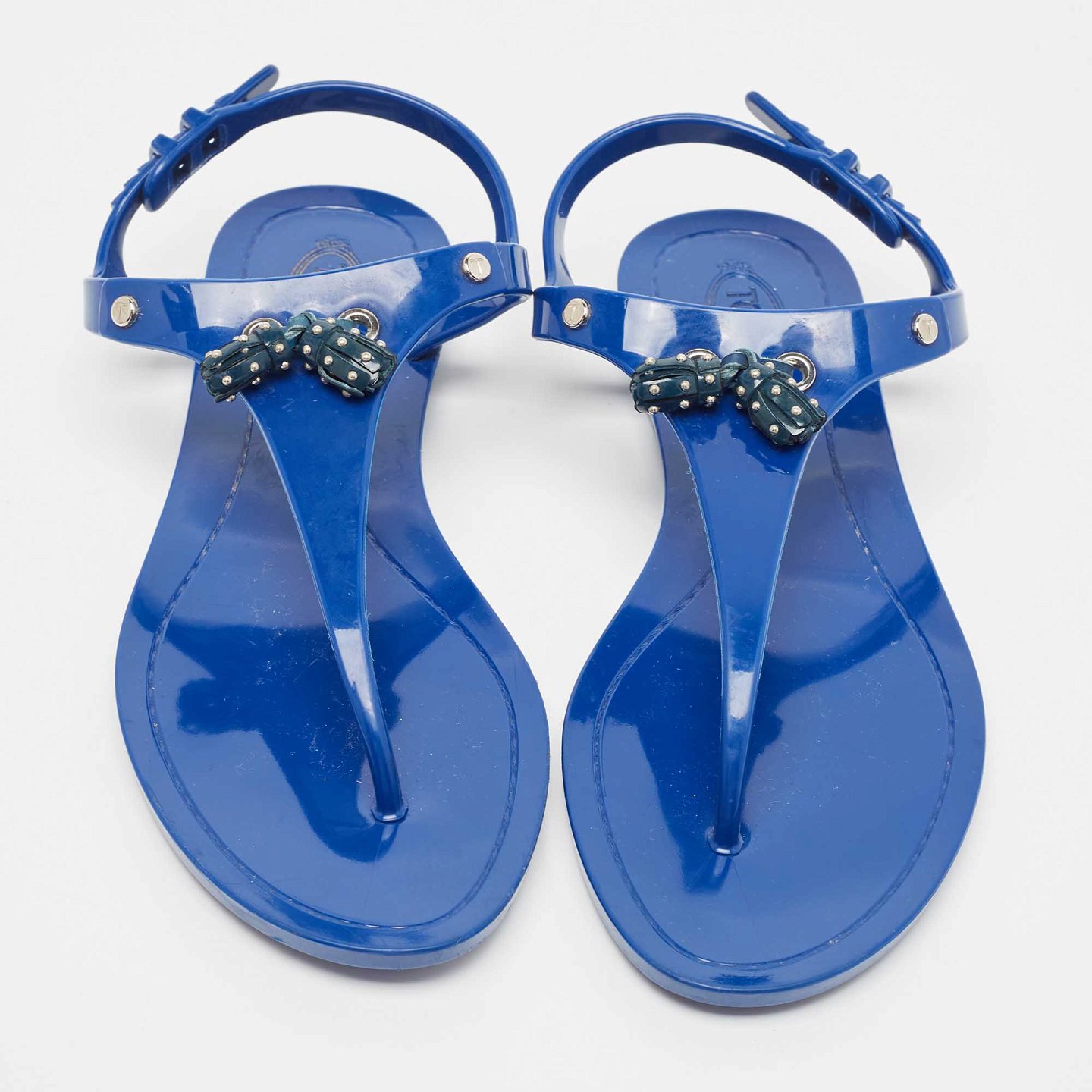 Blue Rubber Studded Tassel Flat Thong Sandals 3
