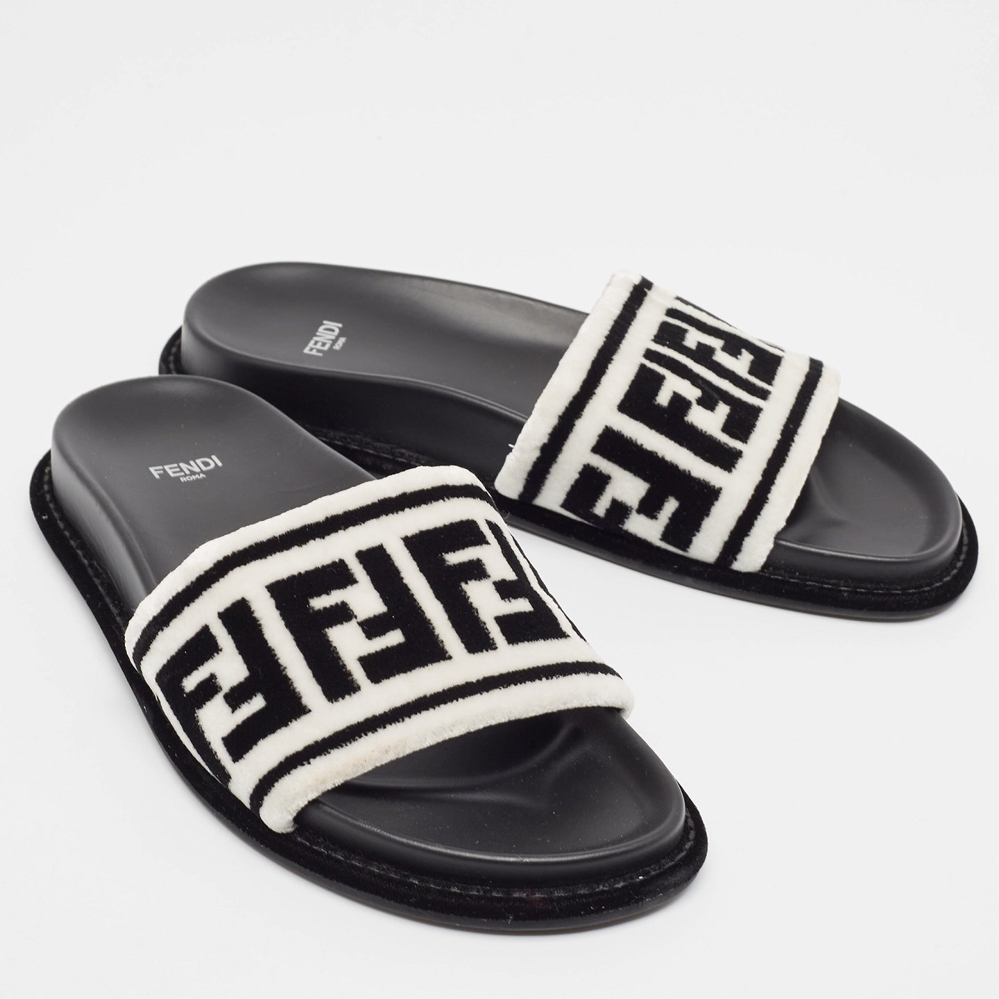 Black/White Fur FF Flat Slides 6