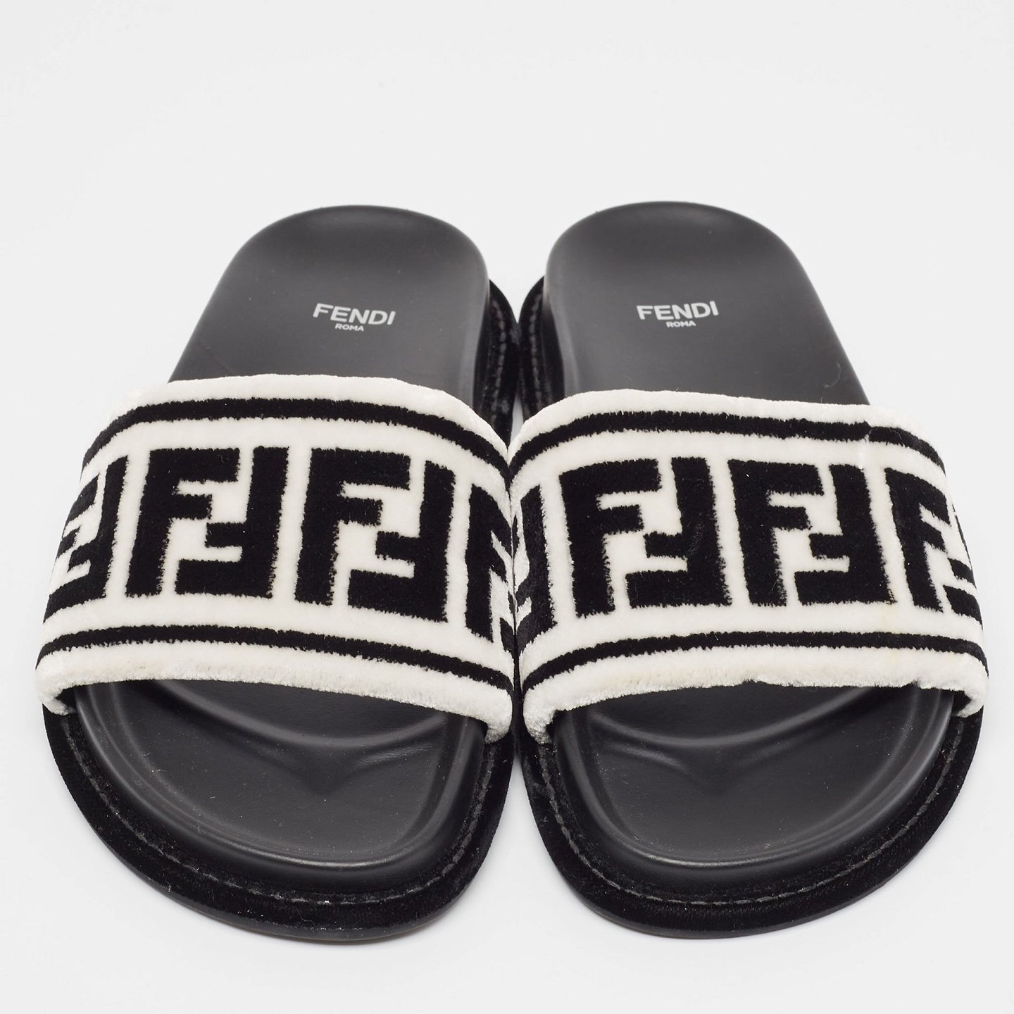 Black/White Fur FF Flat Slides 7