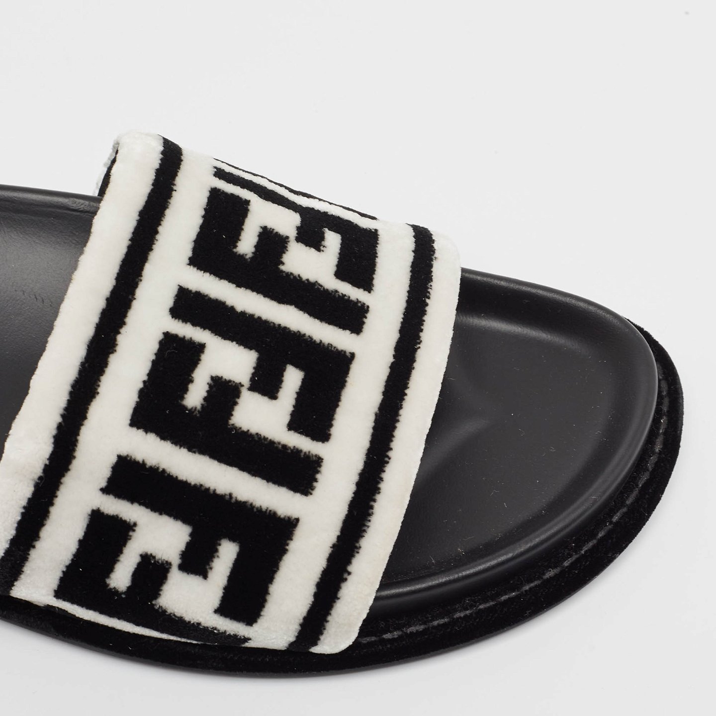 Black/White Fur FF Flat Slides 1