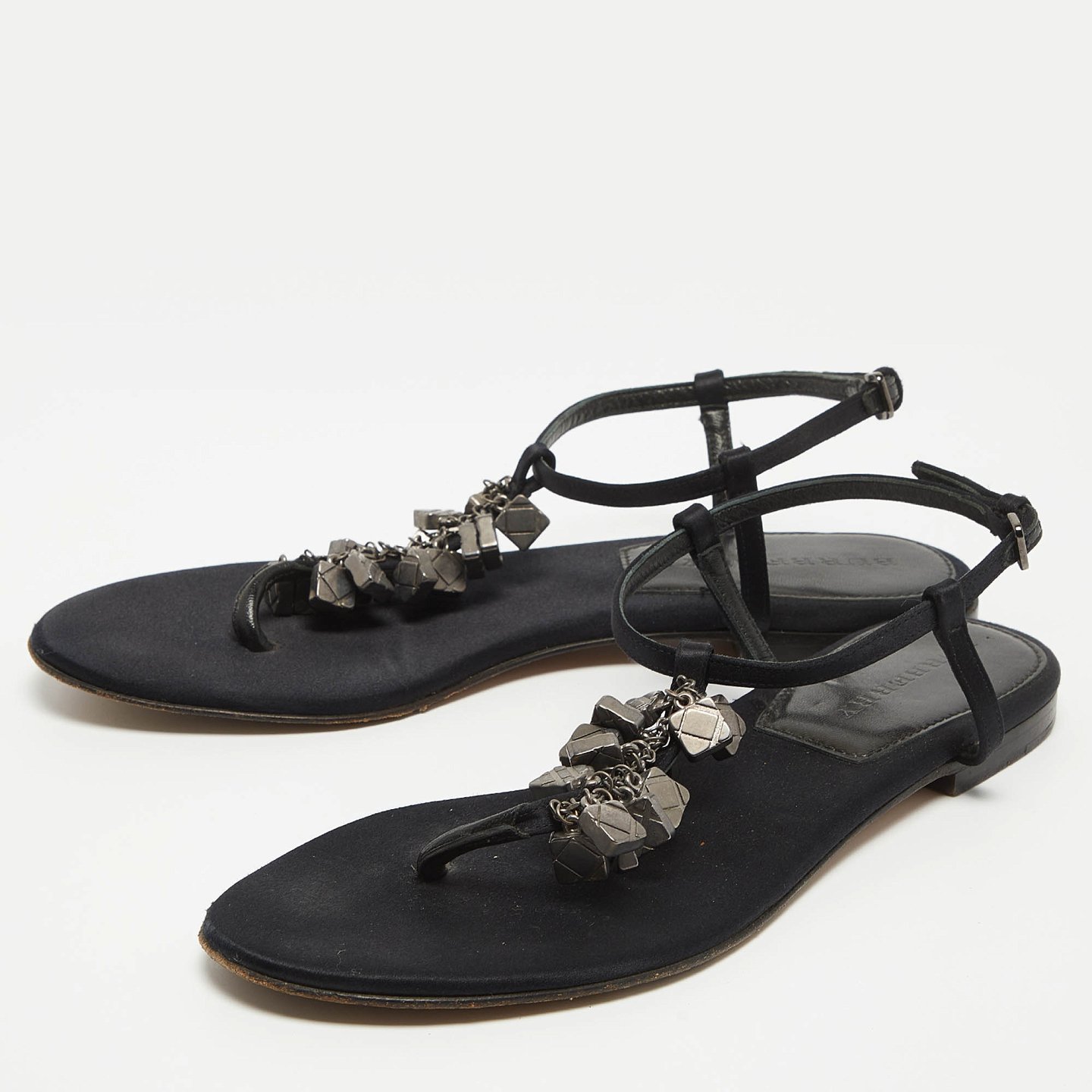 Black Satin Embellished Thong Flat Sandals 2