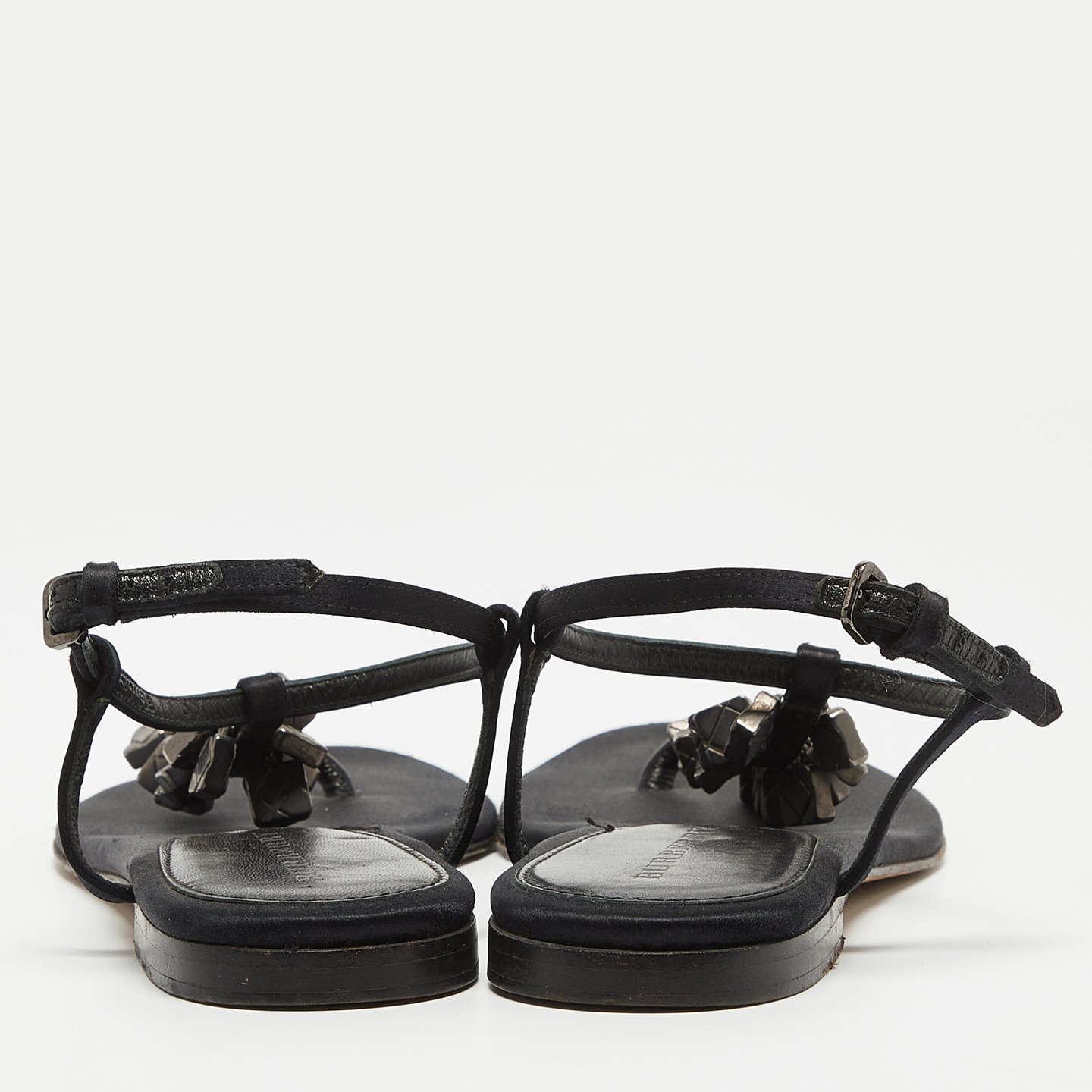 Black Satin Embellished Thong Flat Sandals 7