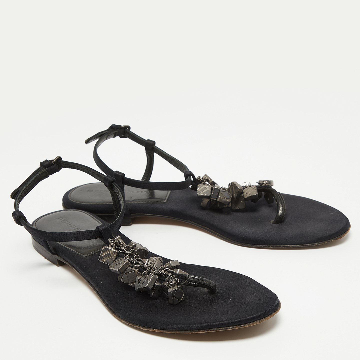Black Satin Embellished Thong Flat Sandals 8