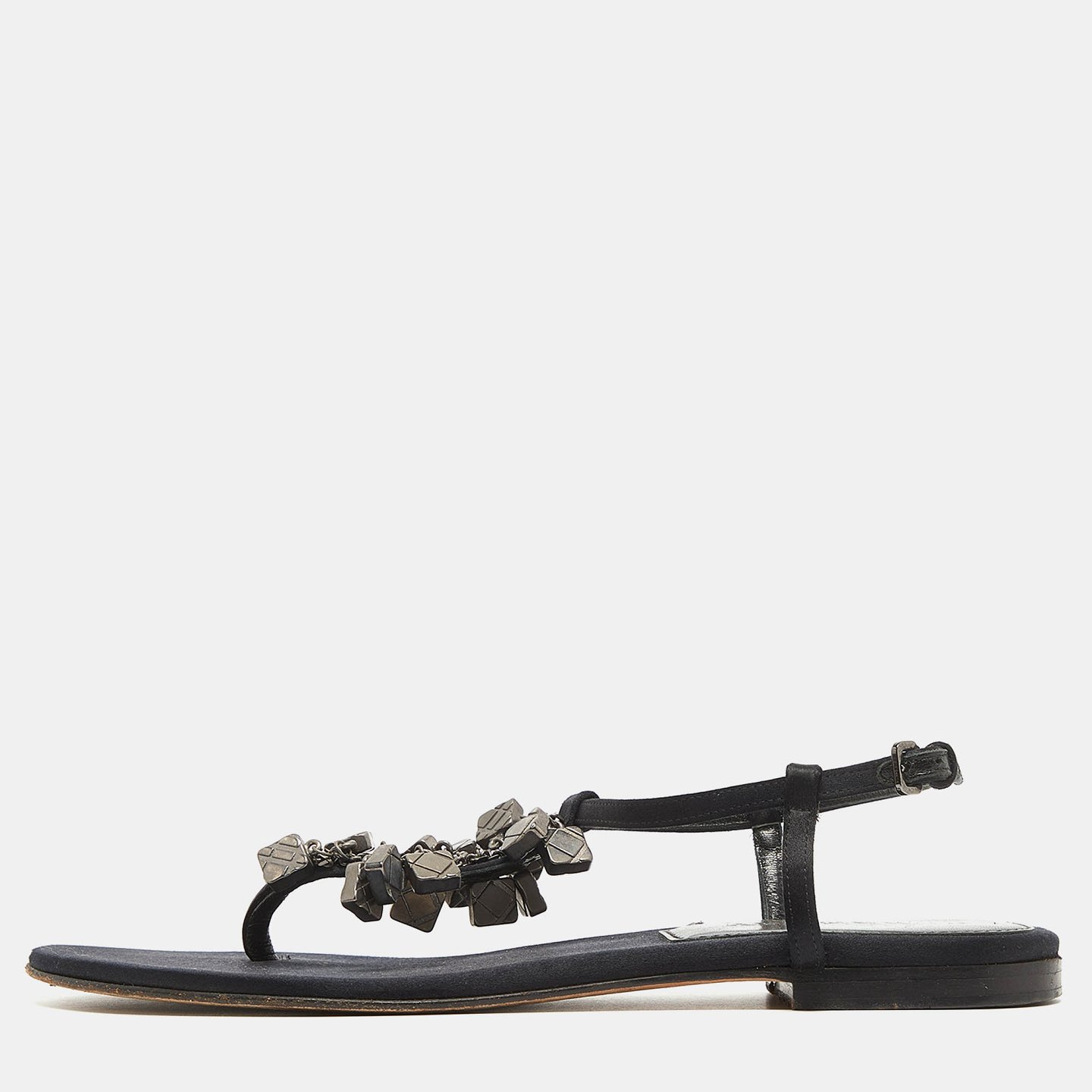 Black Satin Embellished Thong Flat Sandals 1