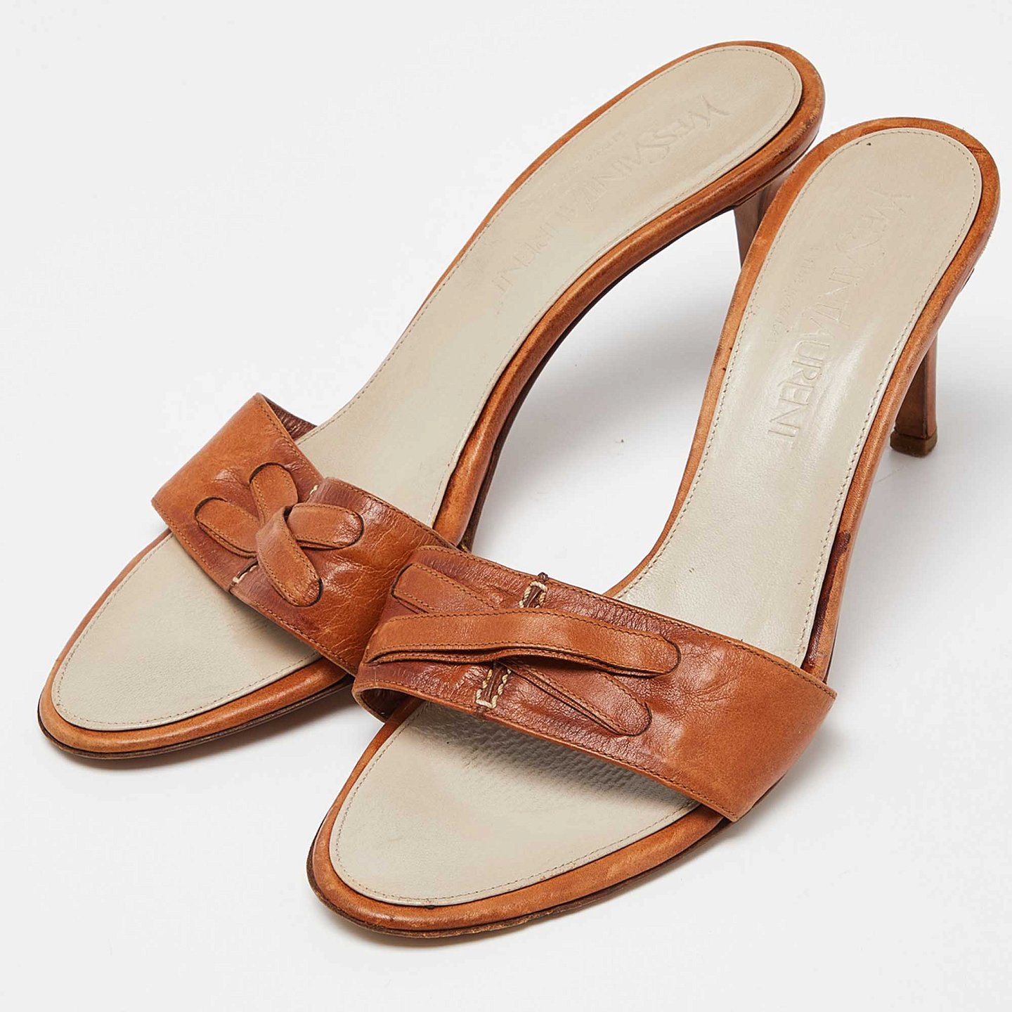 Brown Leather Open Toe Slide Sandals 1