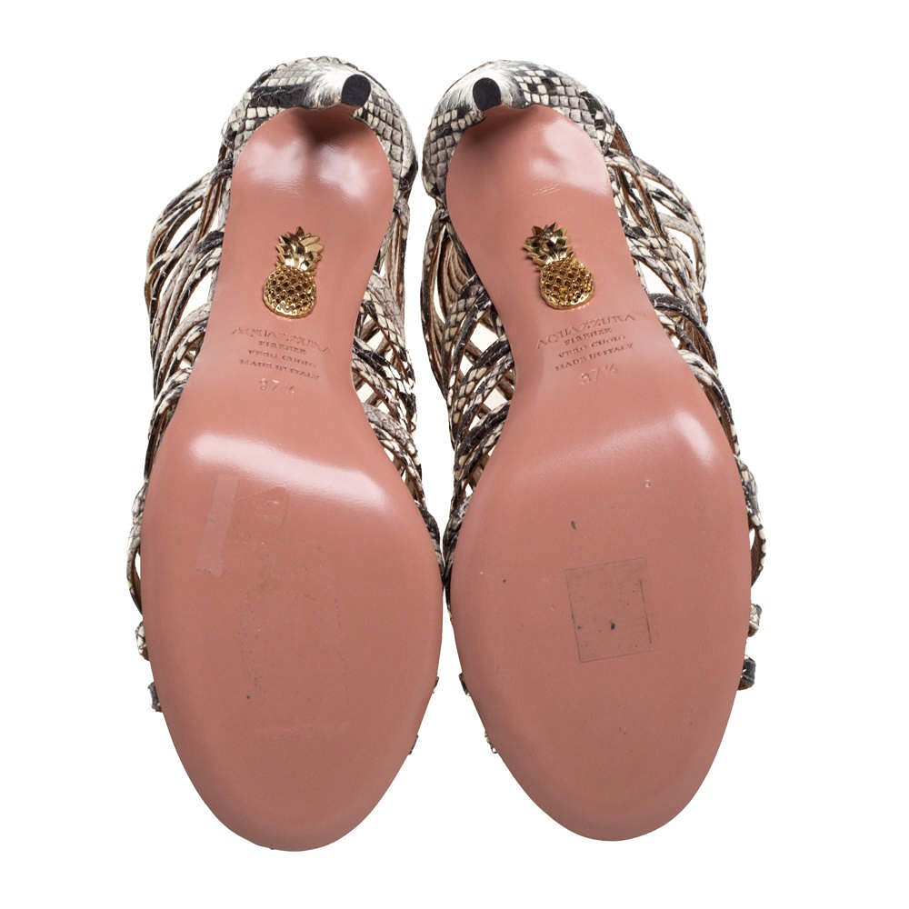 Aquazzura Beige/Brown Python Embossed Leather Knockout Sandals Size 37.5 4