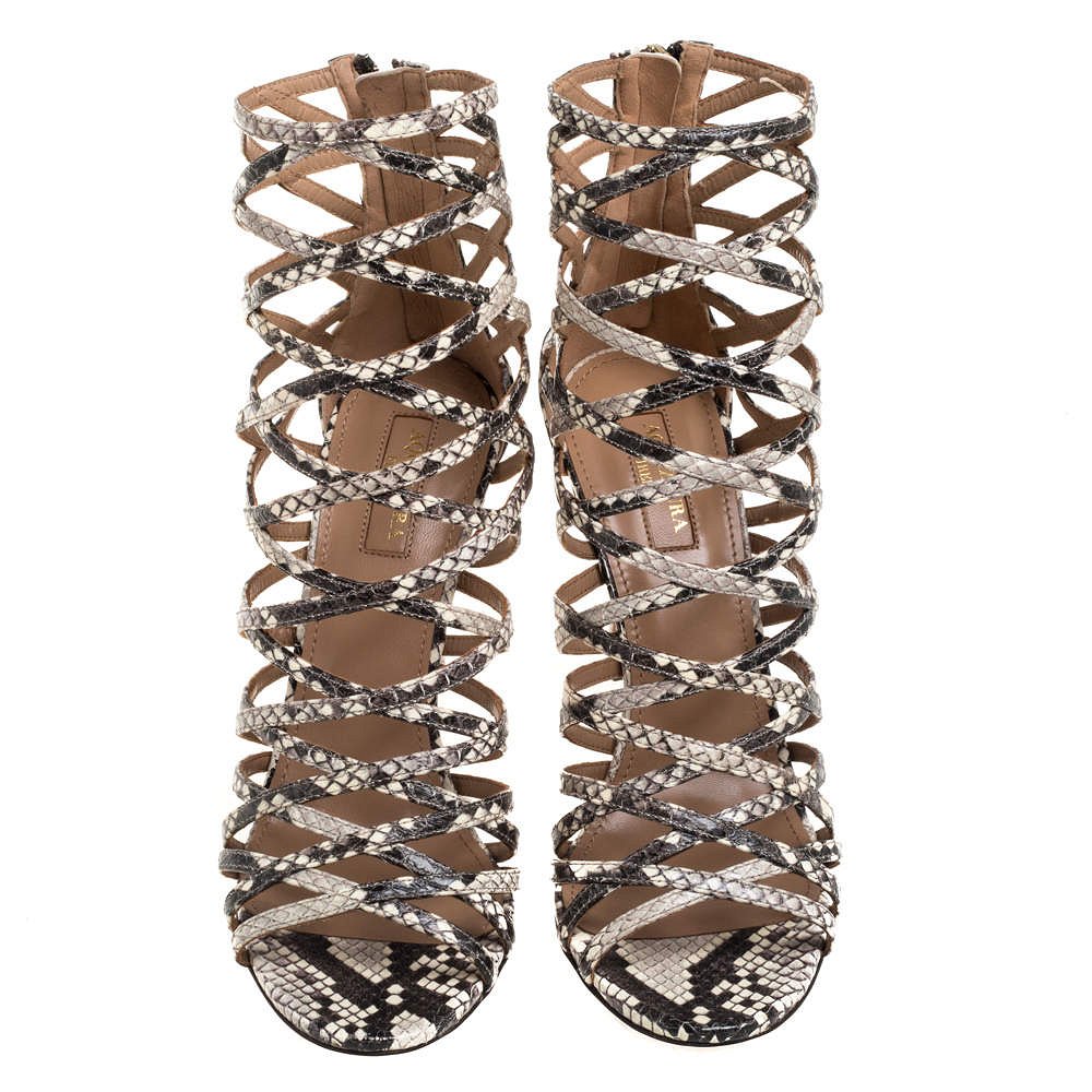 Aquazzura Beige/Brown Python Embossed Leather Knockout Sandals Size 37.5 6