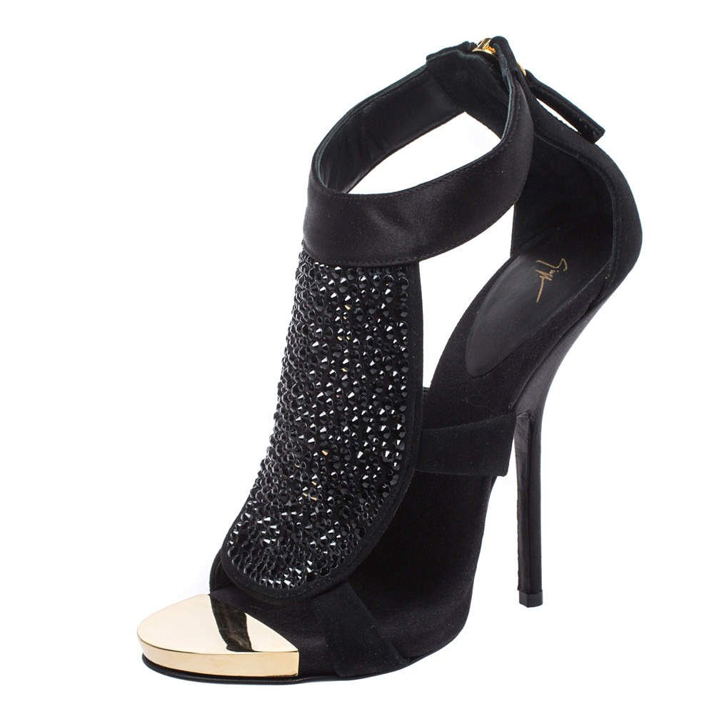 Giuseppe Zanotti Black Satin and Suede Crystal Embellished Ankle Strap Sandals Size 38 3