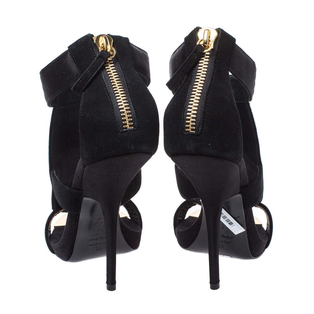 Giuseppe Zanotti Black Satin and Suede Crystal Embellished Ankle Strap Sandals Size 38 4