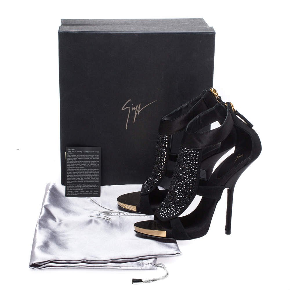 Giuseppe Zanotti Black Satin and Suede Crystal Embellished Ankle Strap Sandals Size 38 7