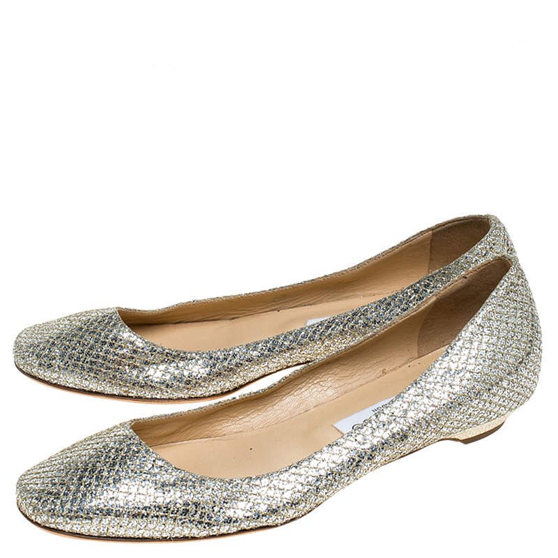 Jimmy Choo Metallic Gold Glitter Fabric Ballet Flats Size 38 0