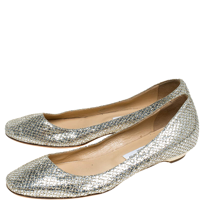 Jimmy Choo Metallic Gold Glitter Fabric Ballet Flats Size 38 1