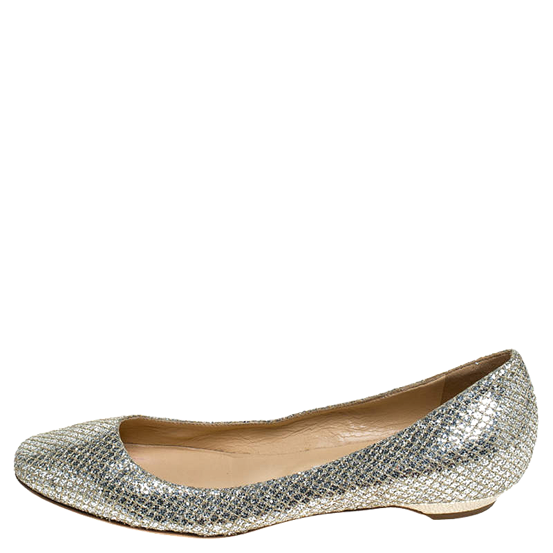 Jimmy Choo Metallic Gold Glitter Fabric Ballet Flats Size 38 5