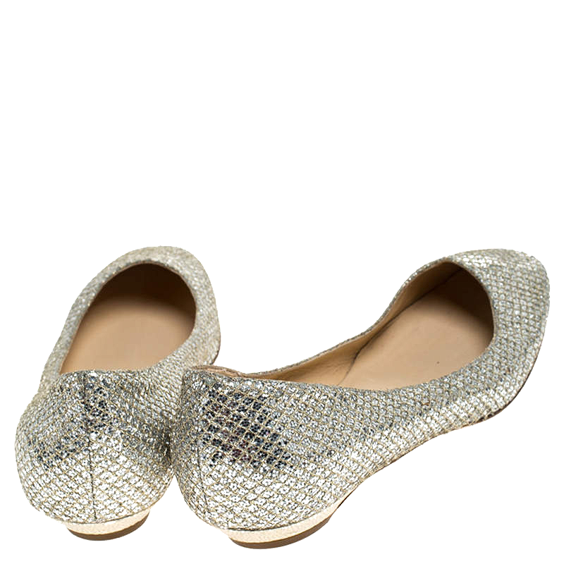 Jimmy Choo Metallic Gold Glitter Fabric Ballet Flats Size 38 9