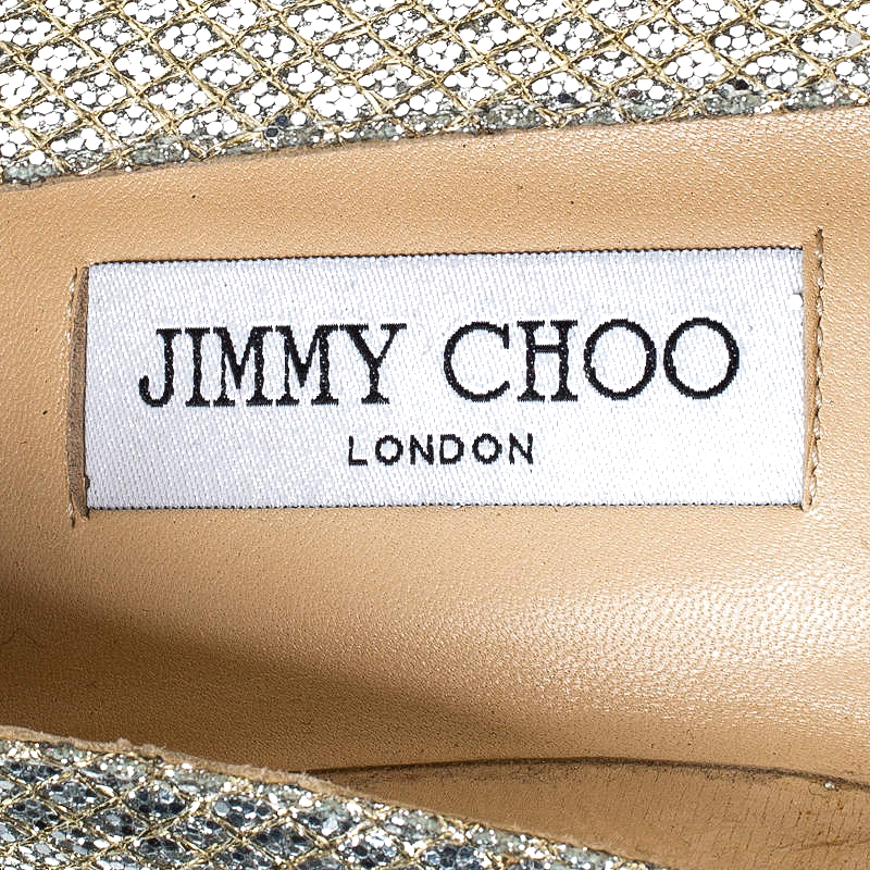 Jimmy Choo Metallic Gold Glitter Fabric Ballet Flats Size 38 13