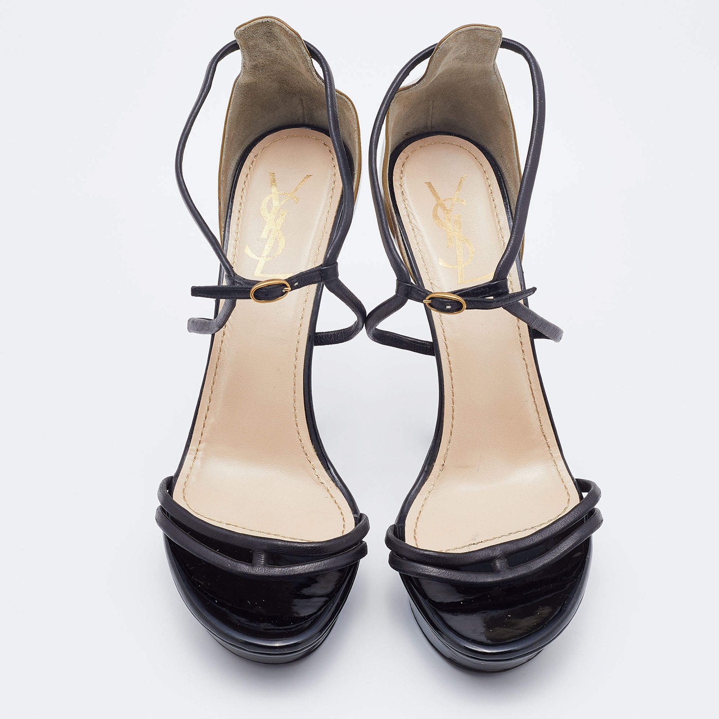 Black/Olive Green Patent and Leather Platform Ankle Strap Sandals 8