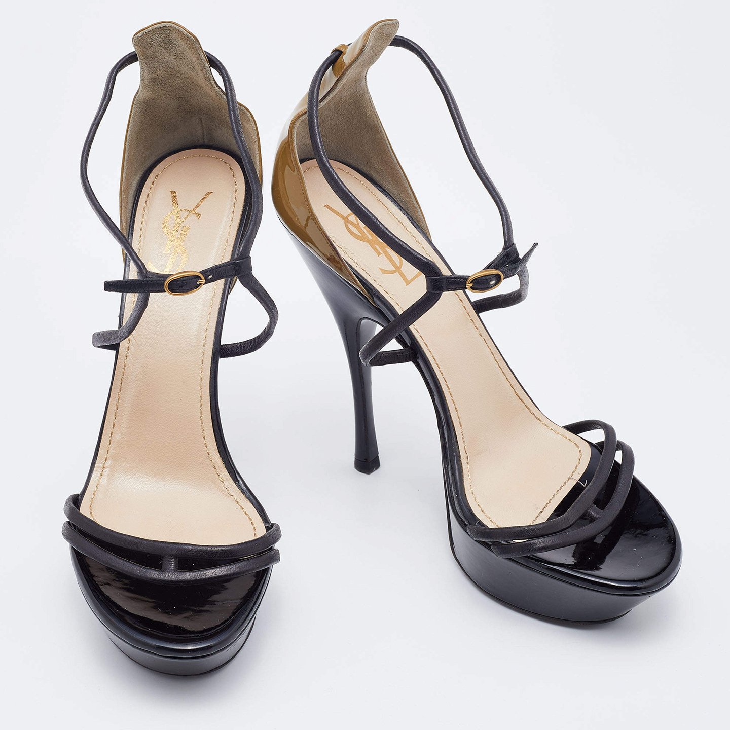 Black/Olive Green Patent and Leather Platform Ankle Strap Sandals 1
