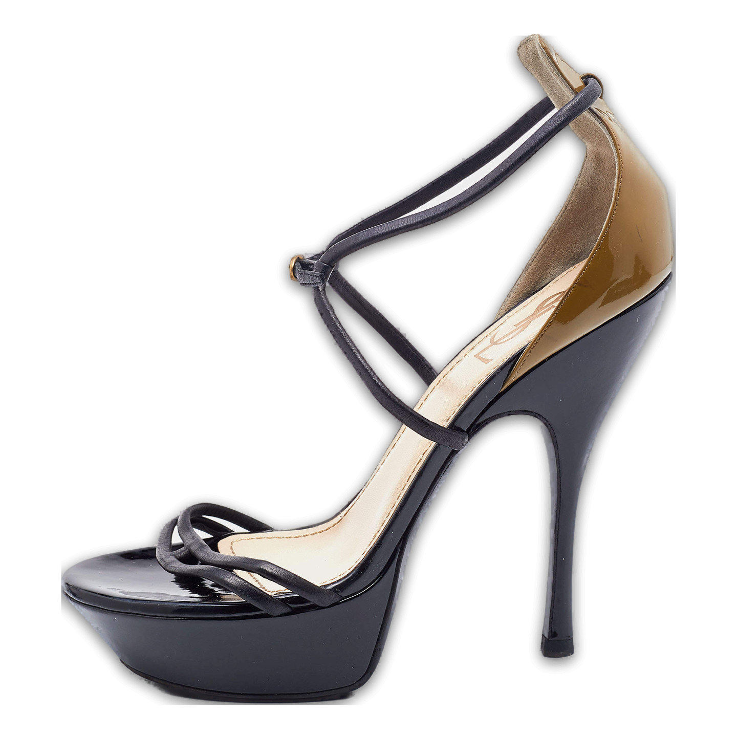 Black/Olive Green Patent and Leather Platform Ankle Strap Sandals 0