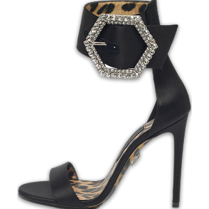 Black Satin Crystal Embellish Ankle Strap Sandals