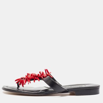 Black Leather Embellished Thong Flats