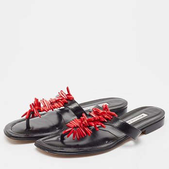 Black Leather Embellished Thong Flats