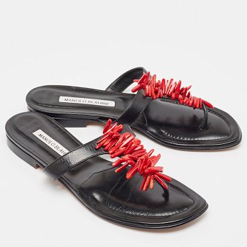 Black Leather Embellished Thong Flats