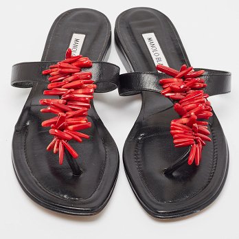Black Leather Embellished Thong Flats