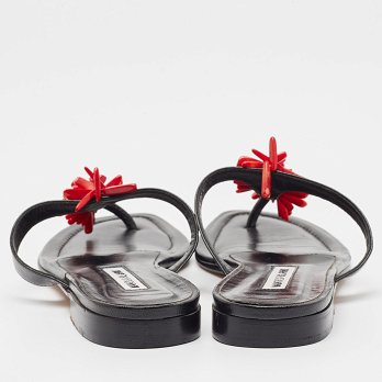 Black Leather Embellished Thong Flats