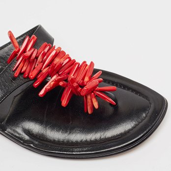 Black Leather Embellished Thong Flats