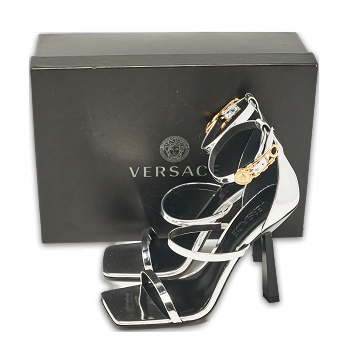 Silver Leather Safety Pin Ankle Strap Sandals