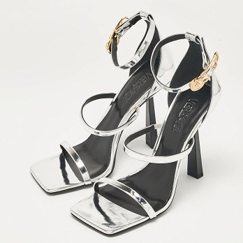 Silver Leather Safety Pin Ankle Strap Sandals