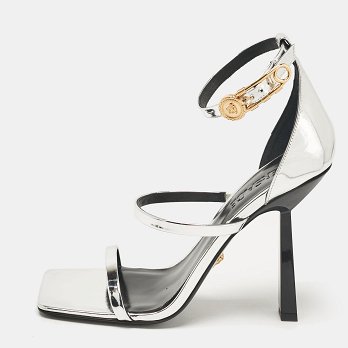 Silver Leather Safety Pin Ankle Strap Sandals