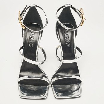Silver Leather Safety Pin Ankle Strap Sandals