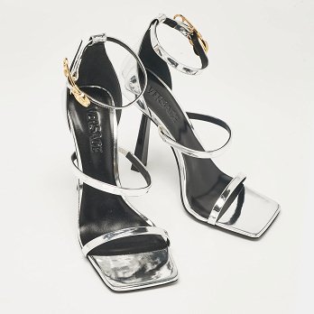 Silver Leather Safety Pin Ankle Strap Sandals