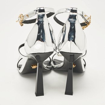 Silver Leather Safety Pin Ankle Strap Sandals